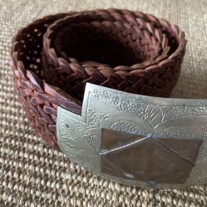 Vintage Brown Leather Braided Hip Belt Brass Silver Tone GeometricBuckle Morocco